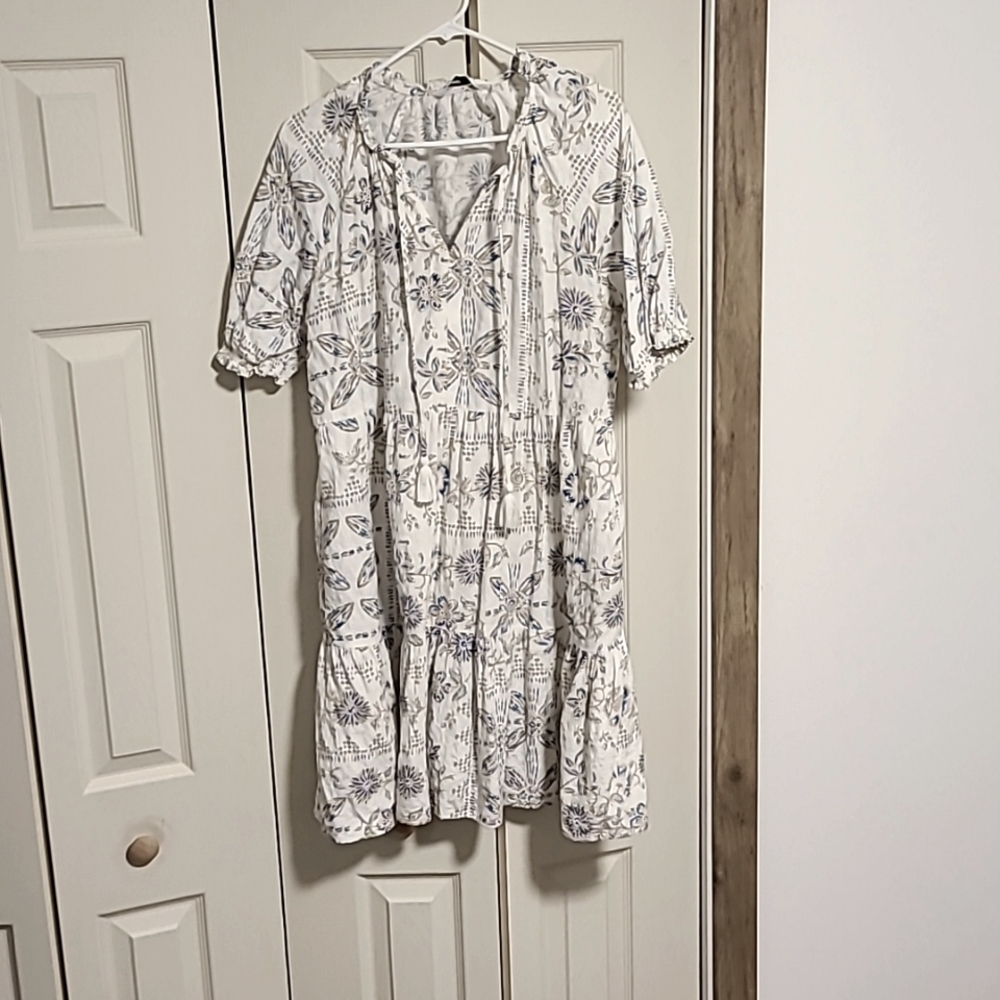 Sonoma Goods For Life White Blue Floral 3/4” Sleeve Tropical Tiered Dress Size L